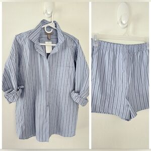 NWT H&M 100% Cotton Button Down Boxer Set Blue Stripe Size M Top S Shorts